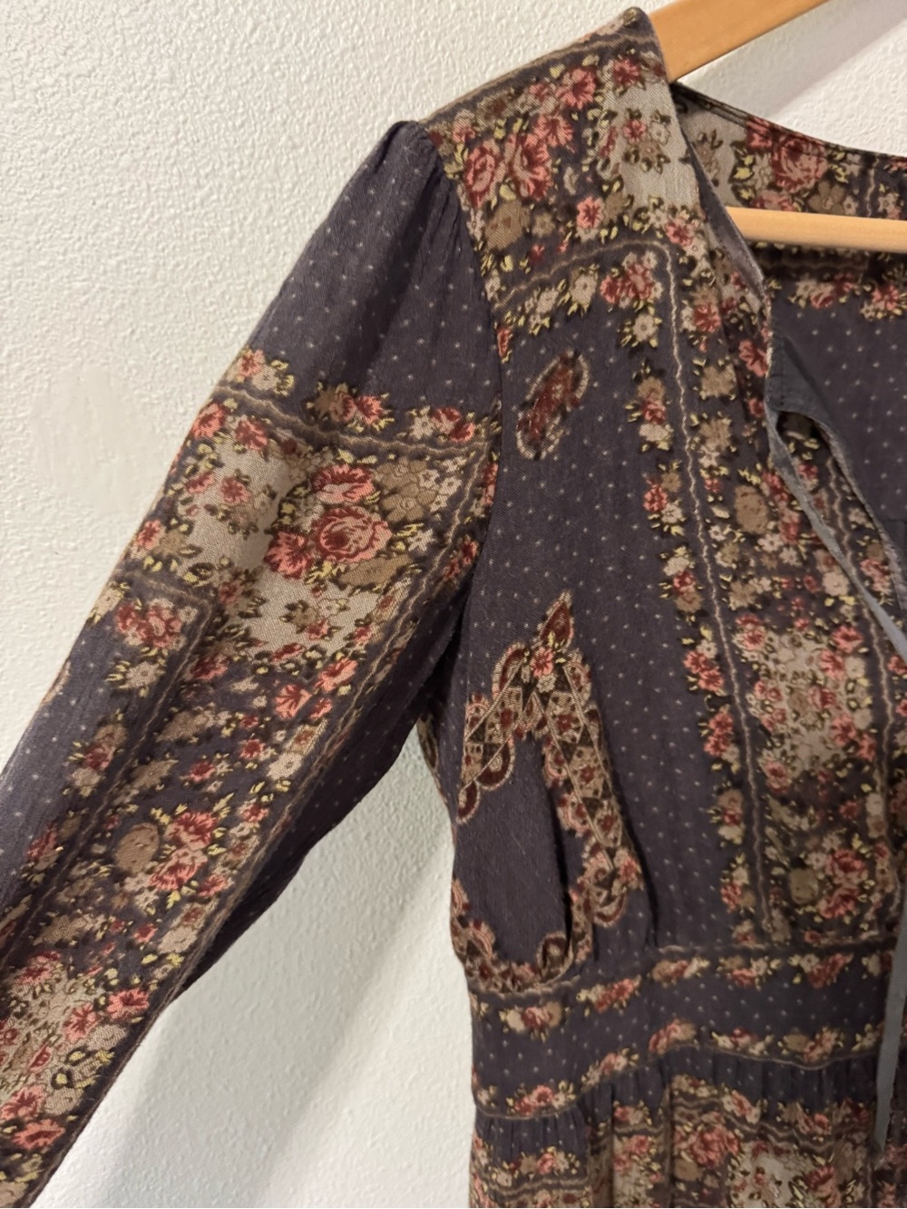 Free People Bridgette Mini Dress Brown Floral V Neck Tie Long Sleeve Peasant-S - Picture 6 of 11
